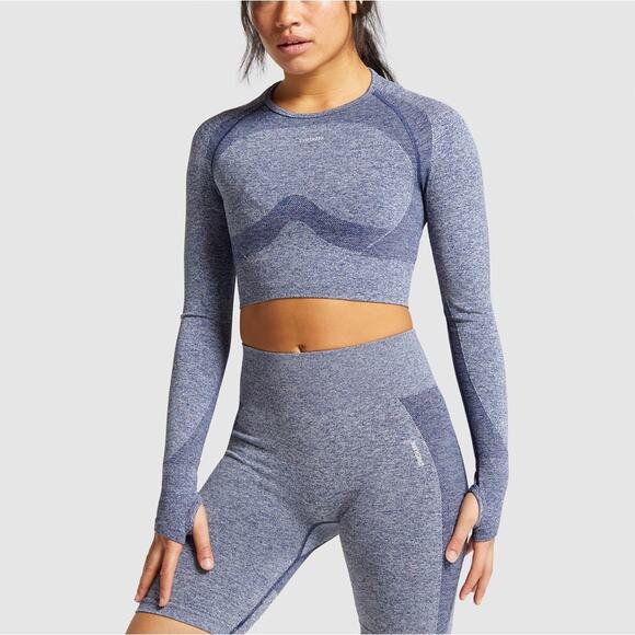 Gymshark Navy Blue Marl Flex Long Sleeve Crop Seamless Knit Size Small - Picture 1 of 6
